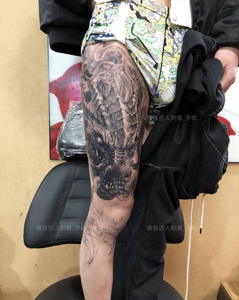 龙游华夏未完成纹身图片_成品腿部传统写实动物原创纹身图案