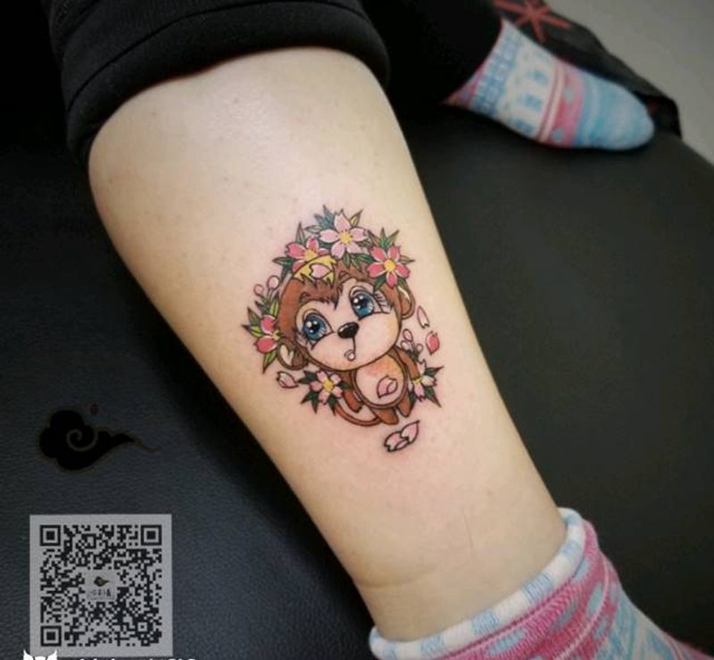 卡通小图纹身图片_腿部New School卡通动物猴纹身图案