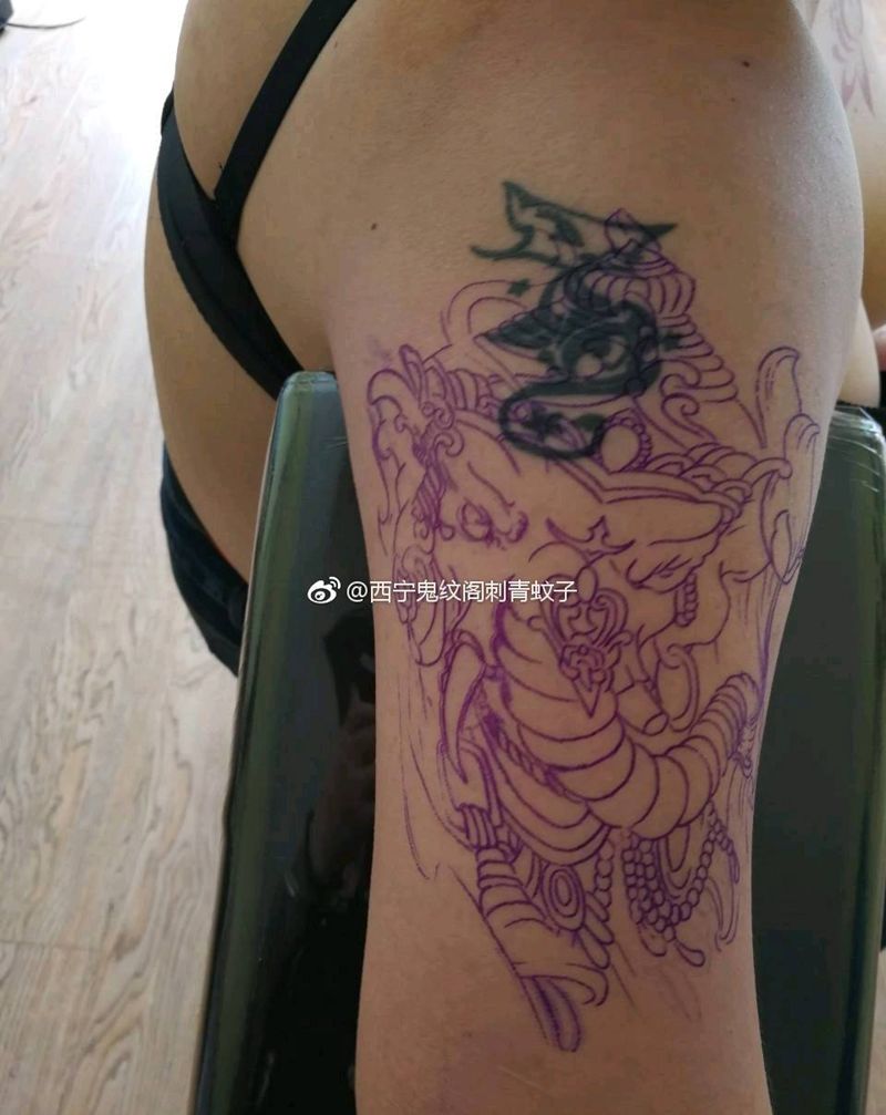 象神遮盖纹身图片_肩部传统动物成品纹身图案