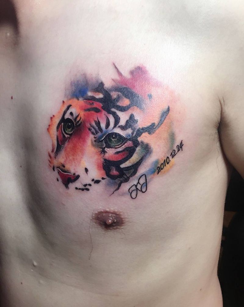 虎纹身图片_成品胸部欧美动物纹身图案