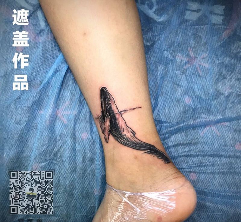 鲸鱼遮盖纹身图片_成品腿部欧美清新几何动物雲刺青脚部静物纹身图案