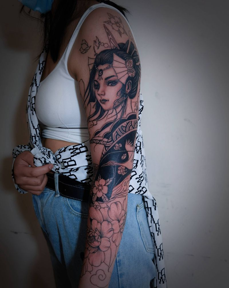 艺伎纹身图片_手臂新传统纹身图案