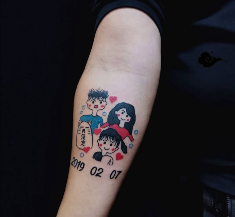 简笔画全家福纹身图片_手臂Old School简笔画纹身图案