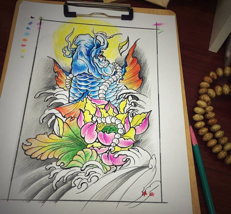 鱼纹身图片_手稿手臂腿部背部传统动物雲刺青纹身图案