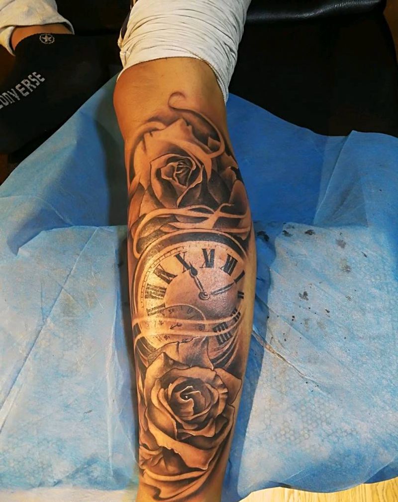 欧美玫瑰纹身图片_腿部欧美植物成品纹身图案