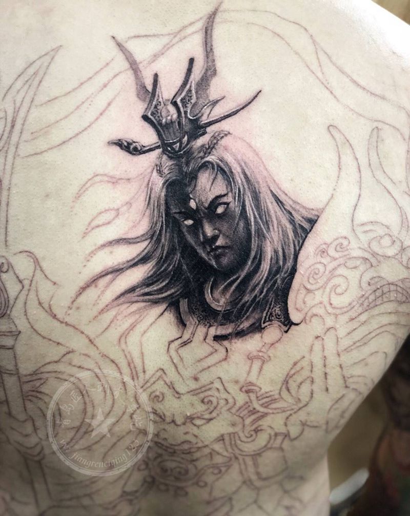 二郎神 满背纹身图片_成品背部传统写实人物原创鬼神纹身图案
