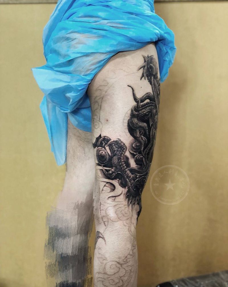 石雕龙腿 花腿纹身图片_成品腿部传统写实动物原创纹身图案