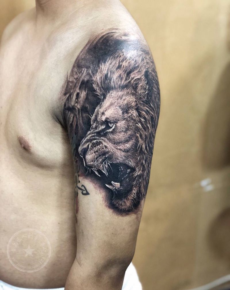 狮子写实半臂 大臂纹身图片_成品手臂写实动物原创纹身图案