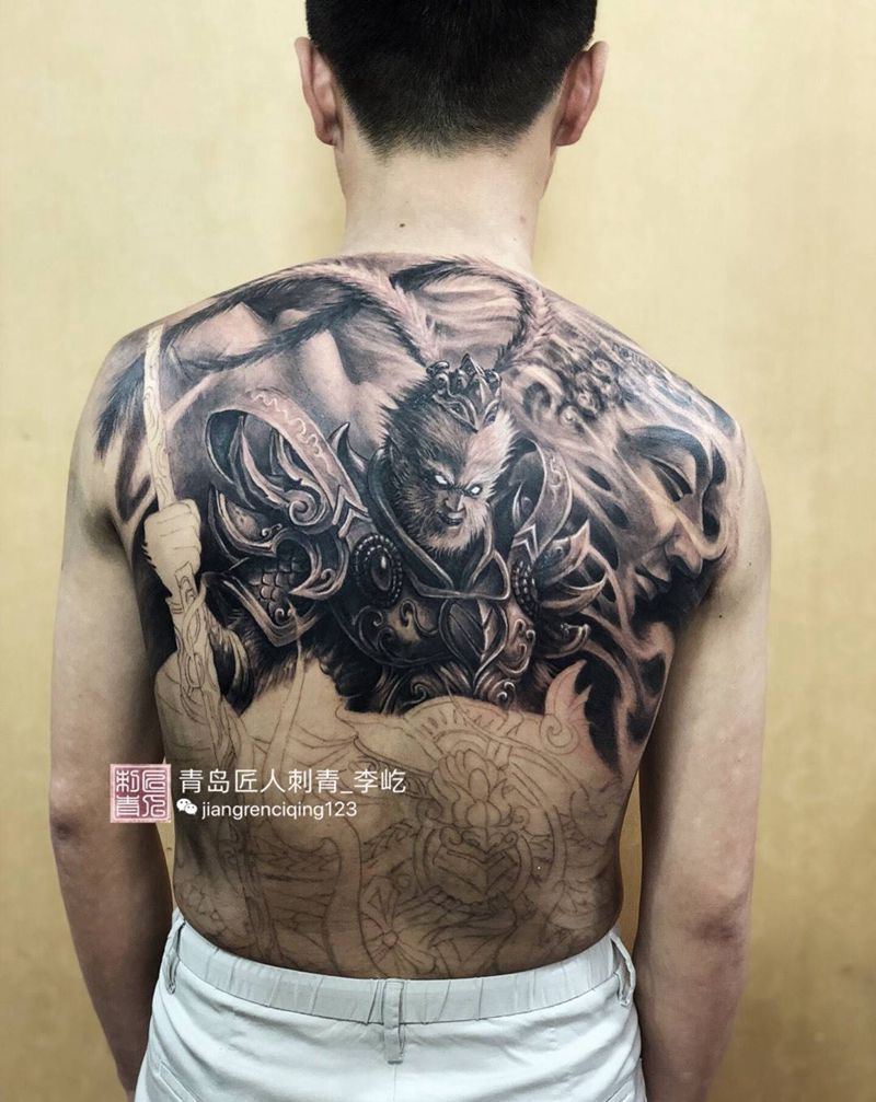 齐天大圣 猴子 孙悟空 满背纹身图片_成品背部写实人物鬼神原创纹身图案