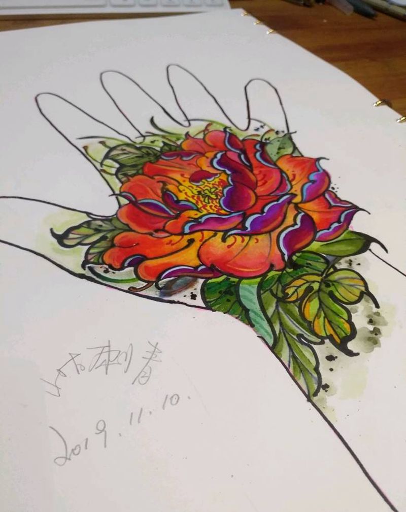 手背牡丹花纹身图片_手部水彩纹身图案