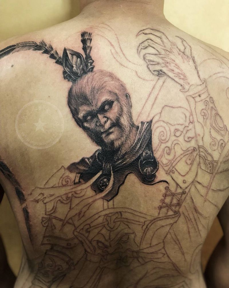 齐天大圣3满背未完成纹身图片_背部欧美写实孙悟空纹身图案