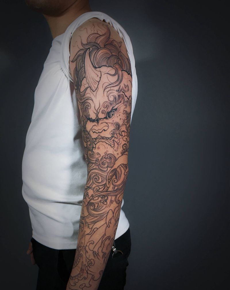 唐狮纹身图片_手臂新传统纹身图案