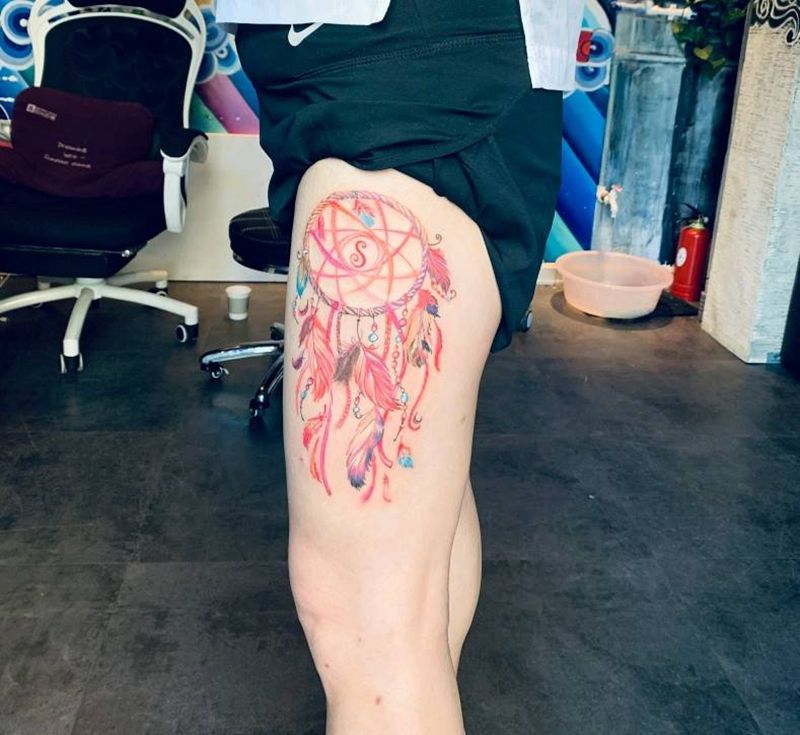 捕梦网纹身图片_腿部纹身图案