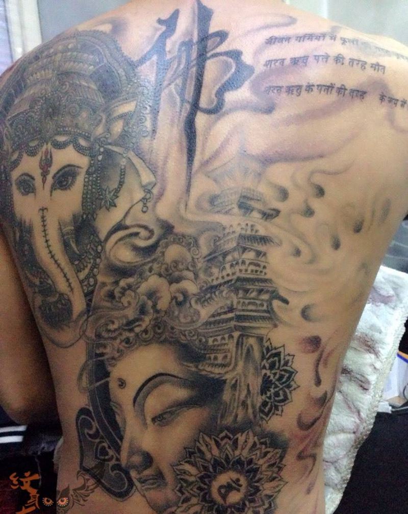 象神，佛头纹身图片_传统人物背部纹身图案