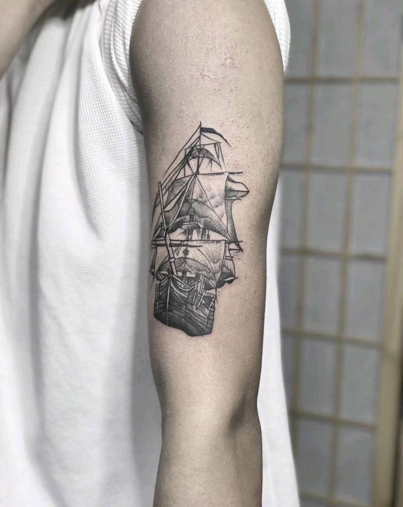 帆船纹身图片_手臂纹身图案