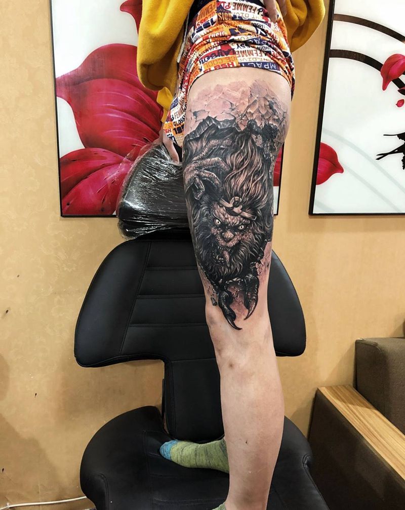 猴子遮盖 暴力遮盖纹身图片_成品腿部欧美写实人物鬼神原创纹身图案