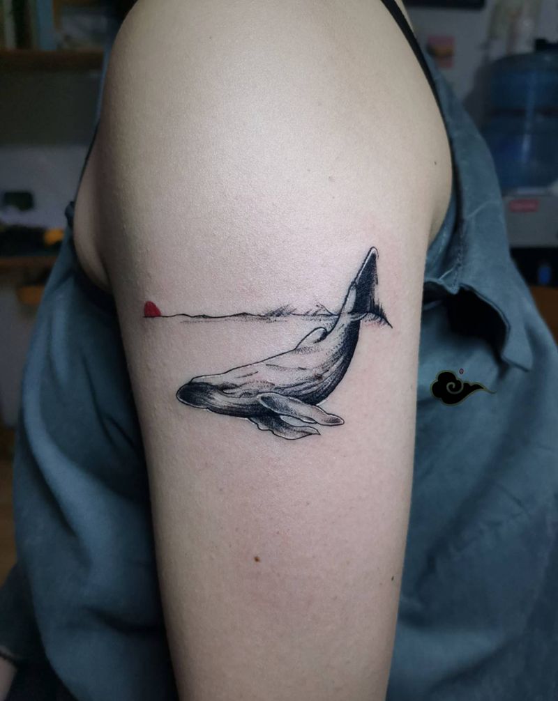 鲸鱼点刺纹身图片_手臂点刺鲸鱼纹身图案