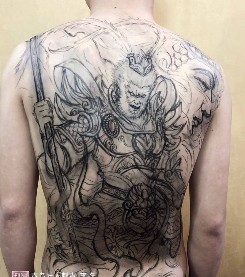 斗战胜佛 孙悟空 猴子 齐天大圣纹身图片_成品背部传统写实人物鬼神原创纹身图案