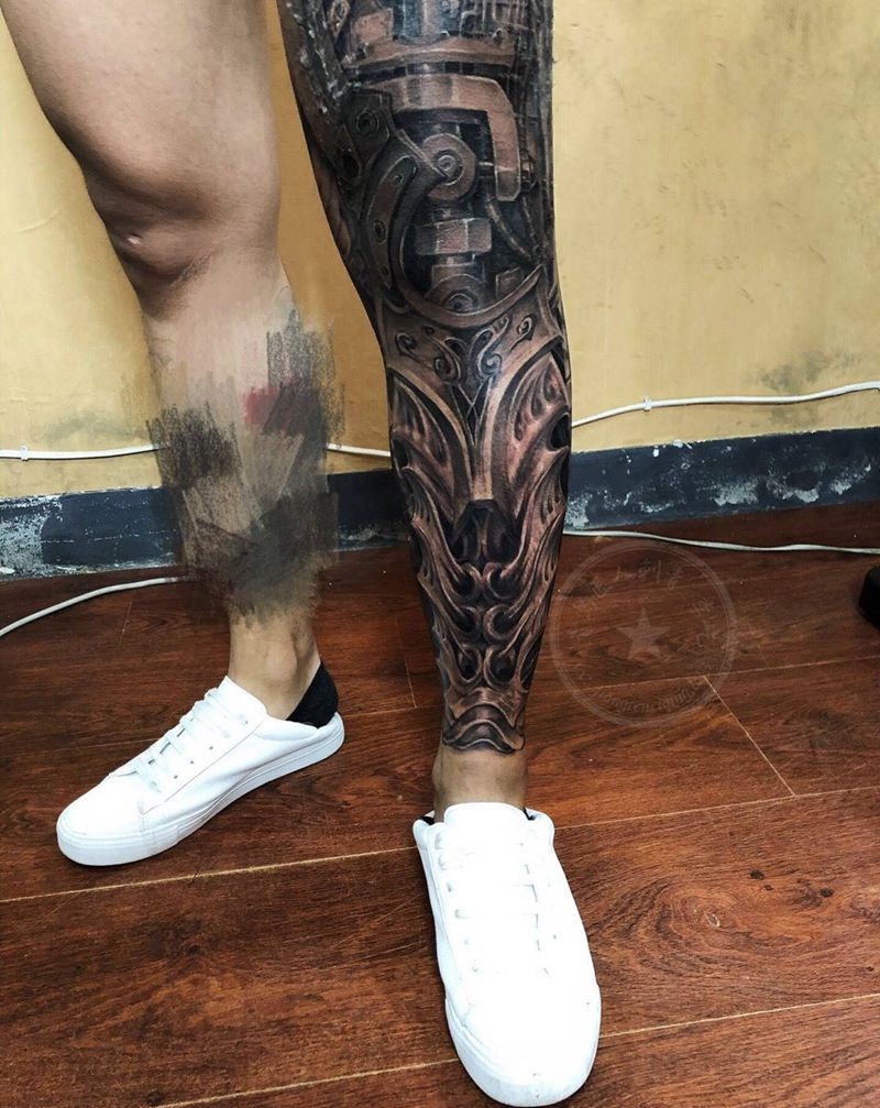 机械腿完成纹身图片_腿部欧美写实机械纹身图案