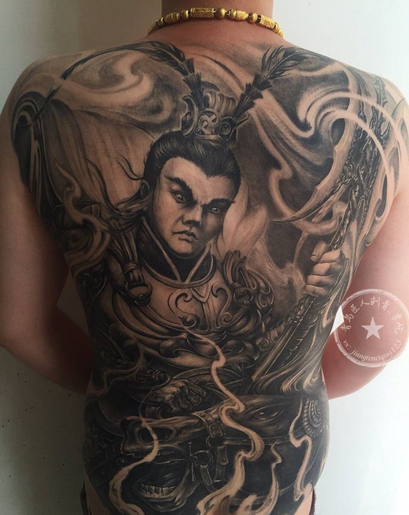 临摹 吕布 持戟驭赤 满背 恢复后纹身图片_成品背部传统写实人物纹身图案