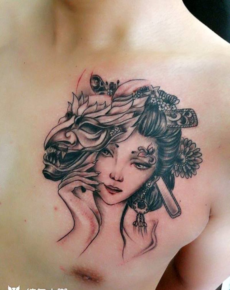 艺妓纹身图片_胸部肖像人物成品纹身图案