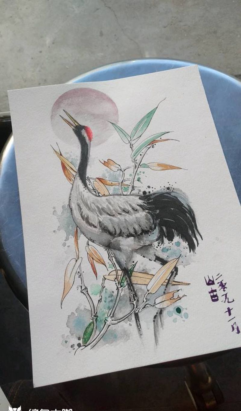 仙鹤纹身图片_腿部新传统纹身图案