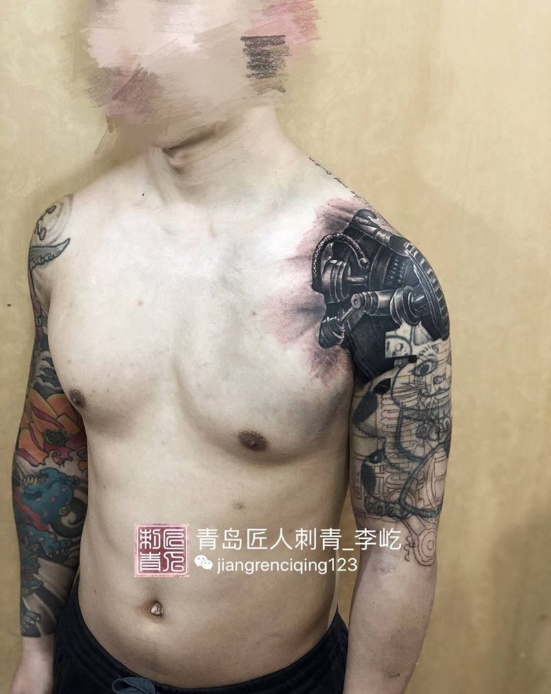 遮盖未完成机械臂纹身图片_成品手臂欧美写实原创纹身图案