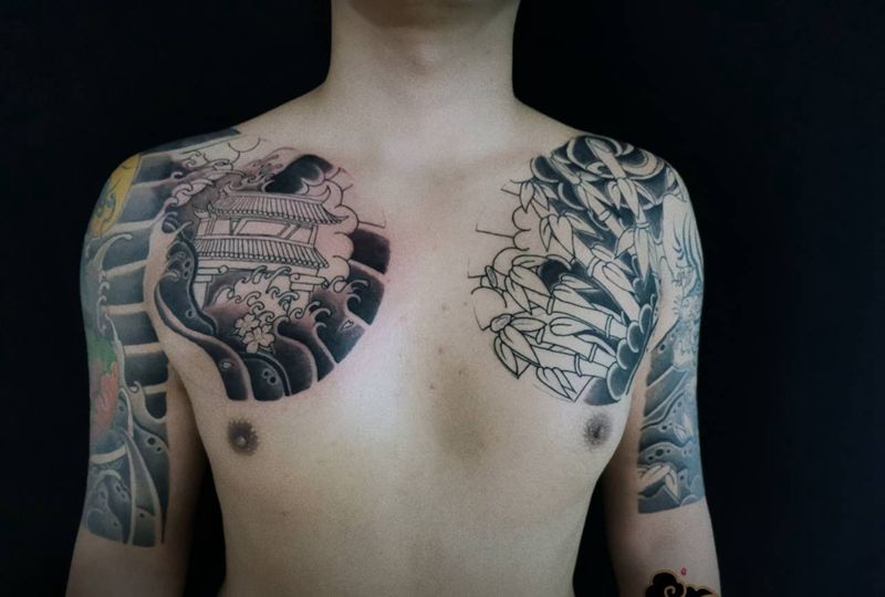 半甲虎4 添加半甲纹身图片_胸部手臂老传统老虎纹身图案