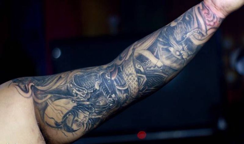 花臂纹身图片_成品手臂传统人物鬼神黄岛青岛青岛刺青大圣二郎神纹身图案