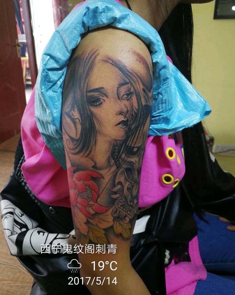 艺妓般若纹身图片_肩部传统人物鬼神成品纹身图案