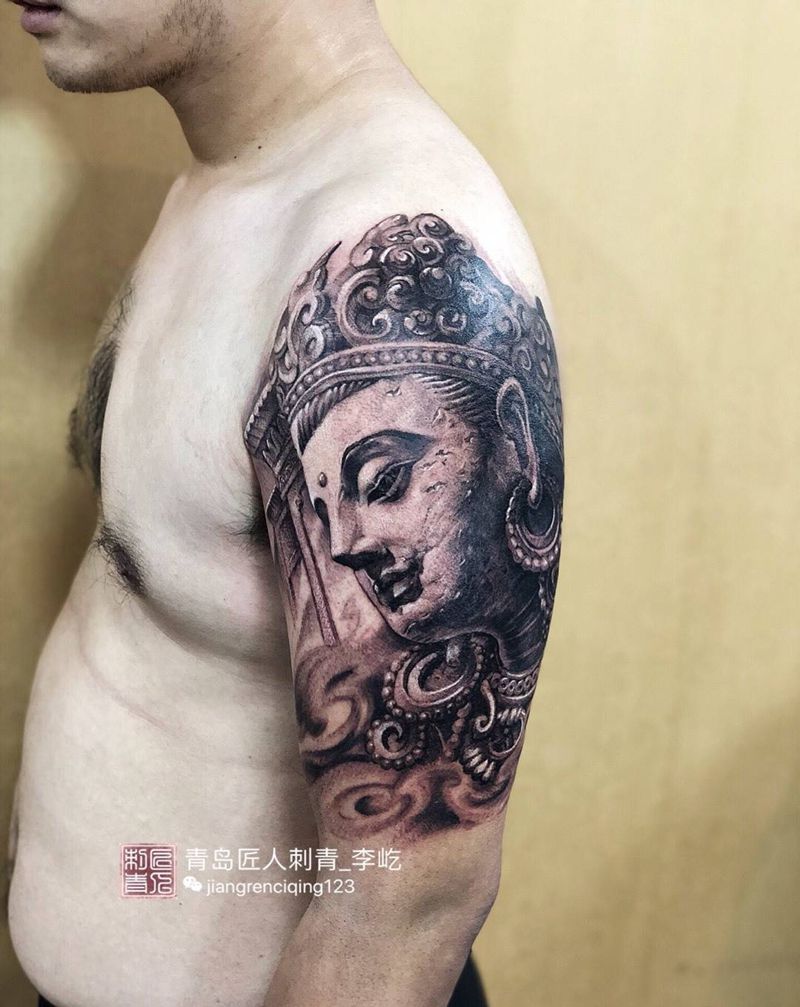 石雕菩萨纹身图片_成品手臂传统写实人物原创纹身图案