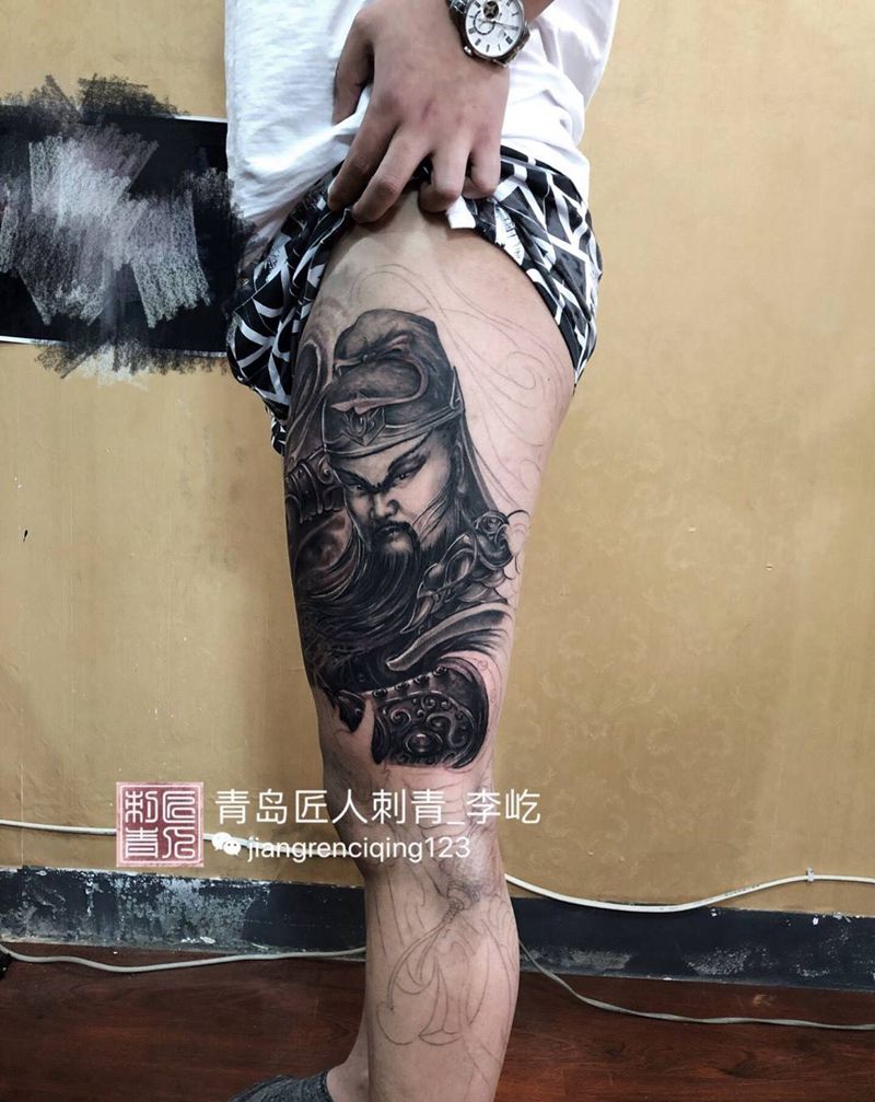 关公 花腿纹身图片_成品腿部传统写实人物纹身图案