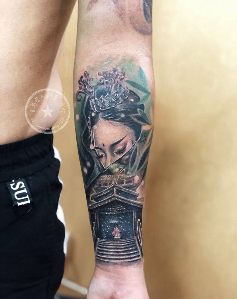 半臂彩色写实纹身图片_成品手臂传统写实人物纹身图案