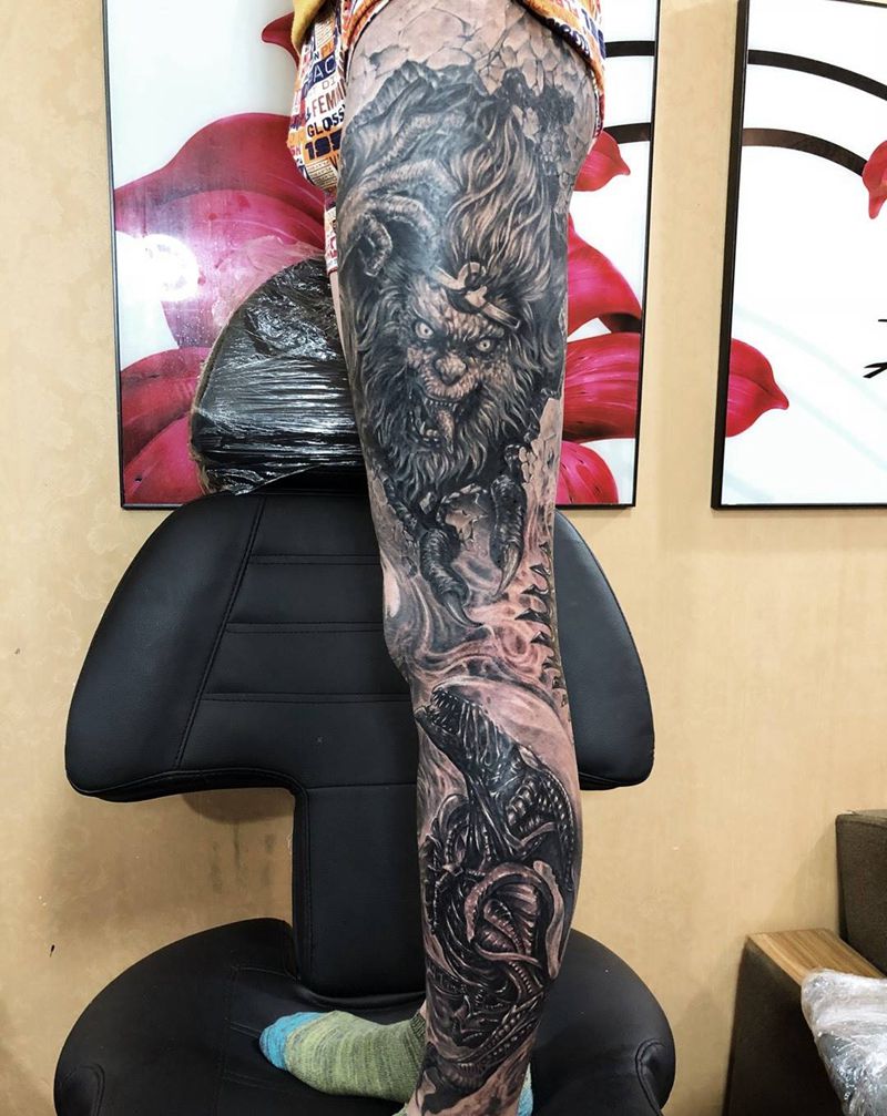 修改添加接花腿改风格。纹身图片_成品腿部欧美人物鬼神原创纹身图案