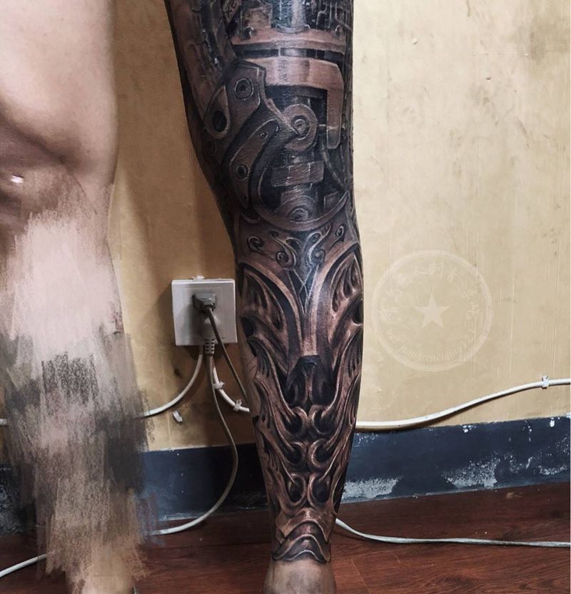 机械腿未完成纹身图片_腿部欧美写实机械纹身图案