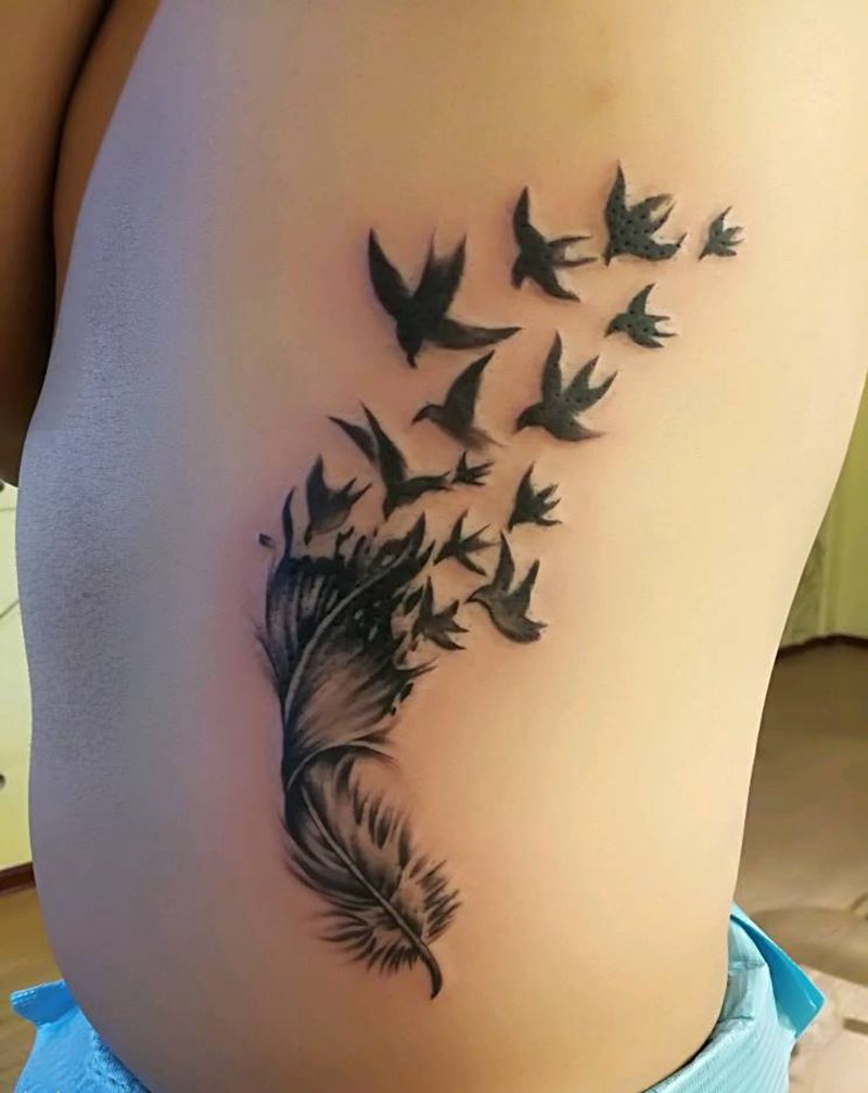 羽毛纹身图片_腰部清新动物成品纹身图案