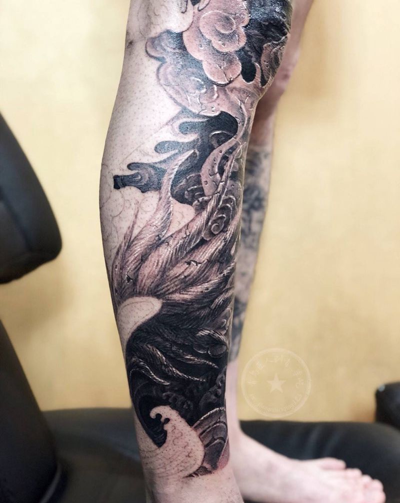石雕龙腿 花腿 小腿部分近景纹身图片_成品腿部传统写实动物原创纹身图案