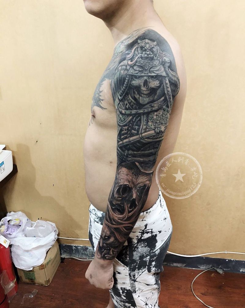遮盖过肩龙 鬼武士花臂 骷髅花臂纹身图片_成品胸部手臂传统写实人物鬼神原创纹身图案