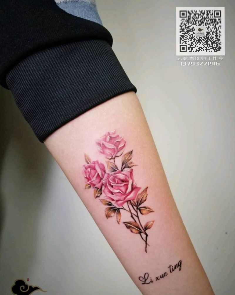 玫瑰花纹身图片_手臂New School水彩玫瑰花小清新纹身图案