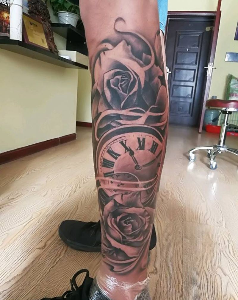 欧美风格纹身图片_腿部欧美植物成品纹身图案