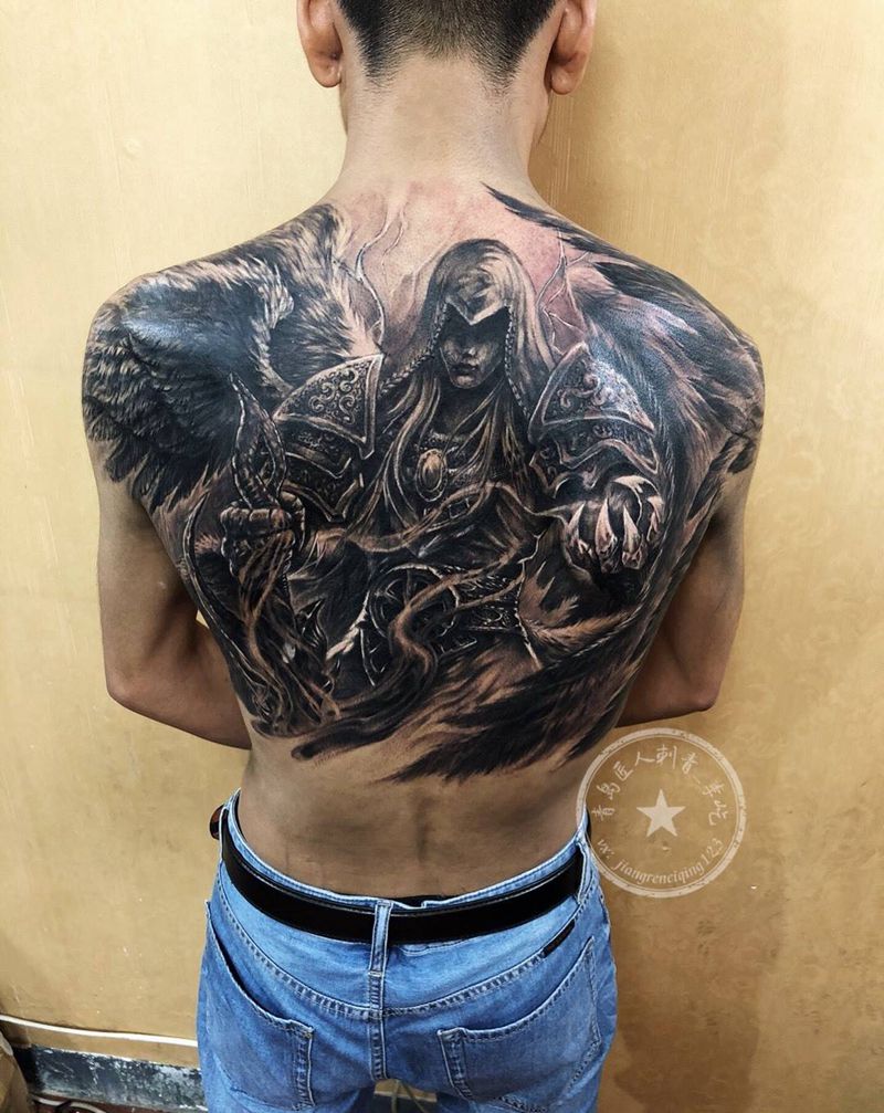 炽天使 天使纹身 暴力遮盖纹身图片_成品背部欧美写实人物鬼神原创纹身图案