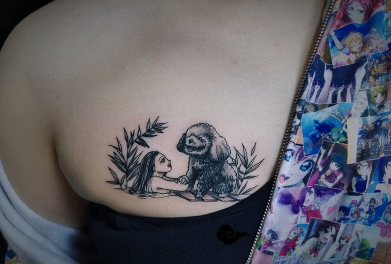 小图遮盖纹身图片_胸部点刺狗遮盖纹身图案