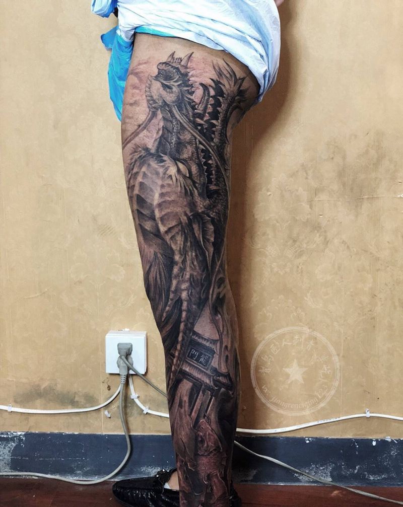 龙花腿 鲤鱼跃龙门2 龙门2纹身图片_腿部新传统龙 龙门鲤鱼纹身图案