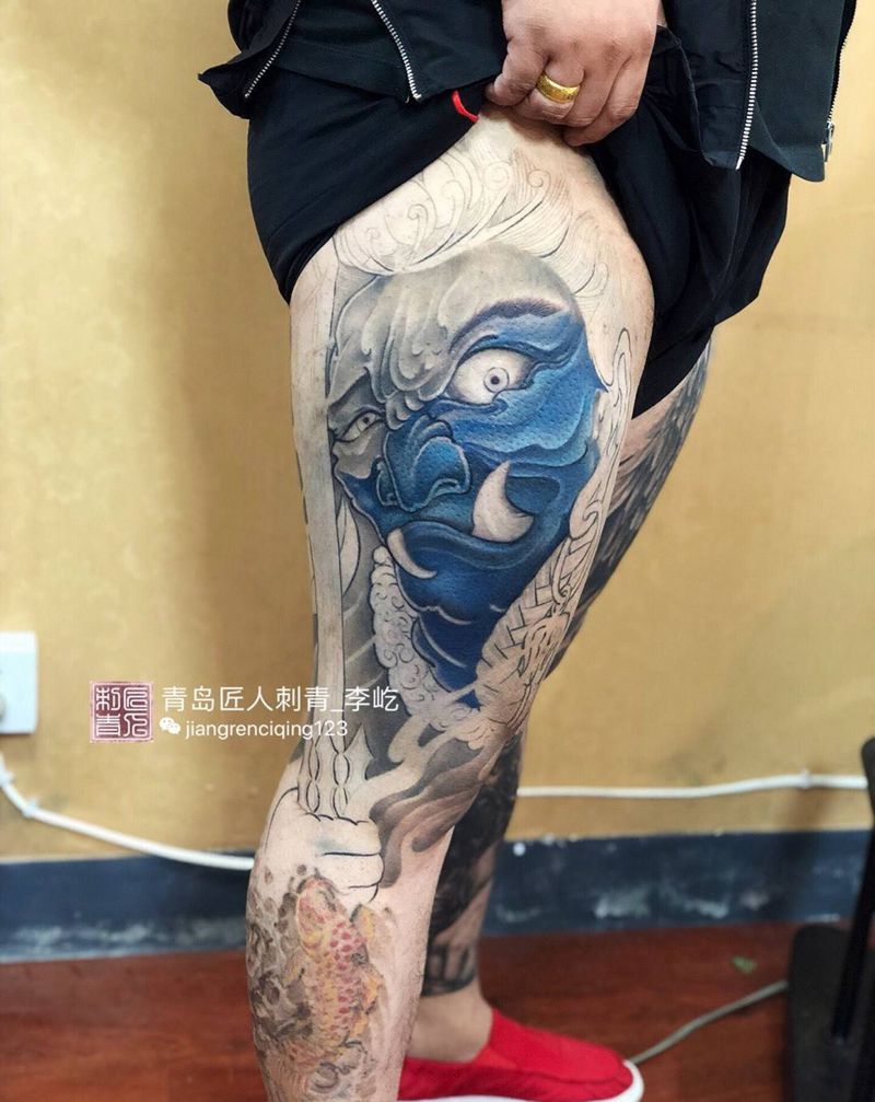 不动明王 彩色花腿纹身图片_成品腿部传统肖像人物鬼神原创纹身图案