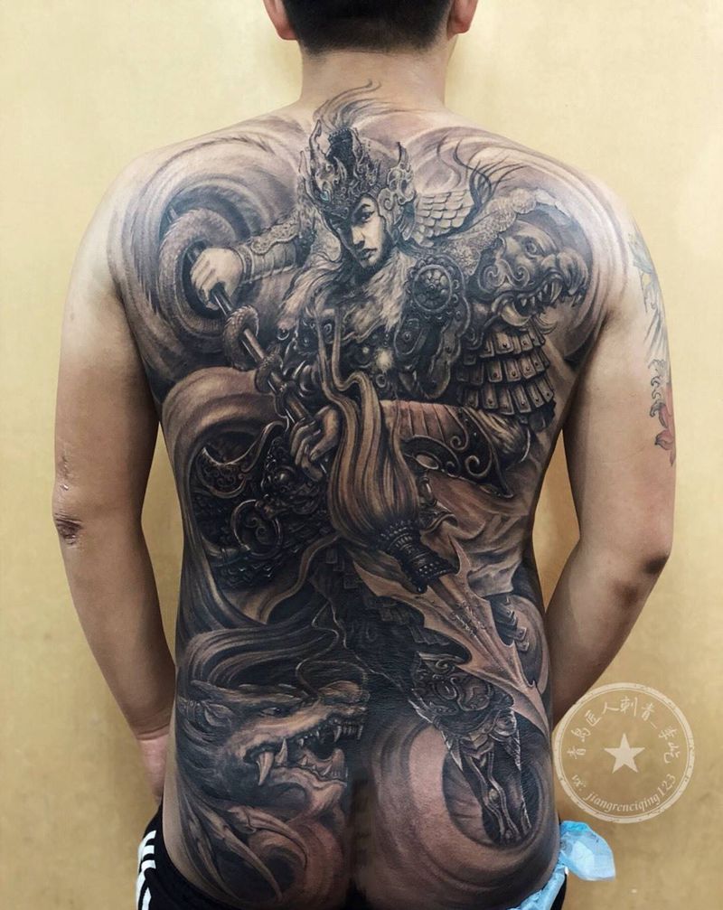 赵云 龙临 满背纹身图片_成品背部传统写实人物纹身图案