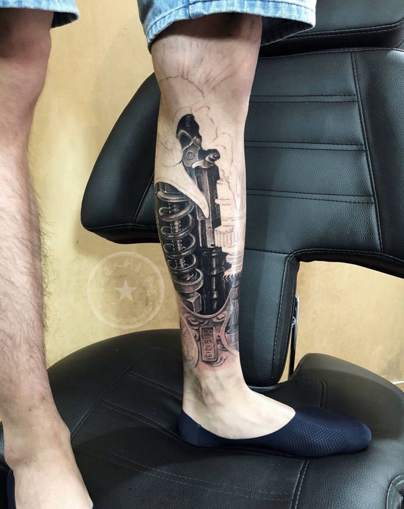 机械腿 遮盖纹身图片_成品腿部欧美写实原创纹身图案