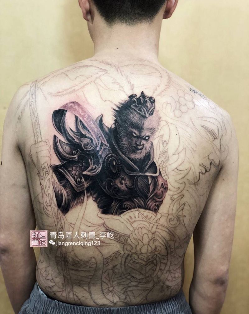 齐天大圣 孙悟空 猴子 满背纹身图片_成品背部传统写实人物鬼神原创纹身图案