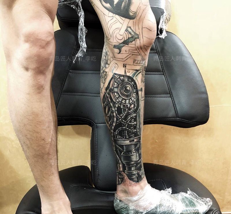 机械腿 暴力遮盖纹身图片_成品腿部欧美写实原创纹身图案