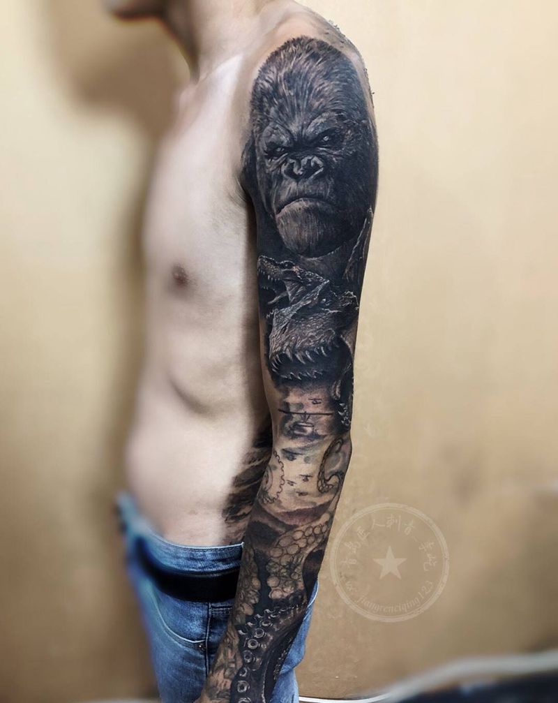 花臂遮盖未完成 金刚纹身图片_手臂欧美写实金刚恐龙纹身图案