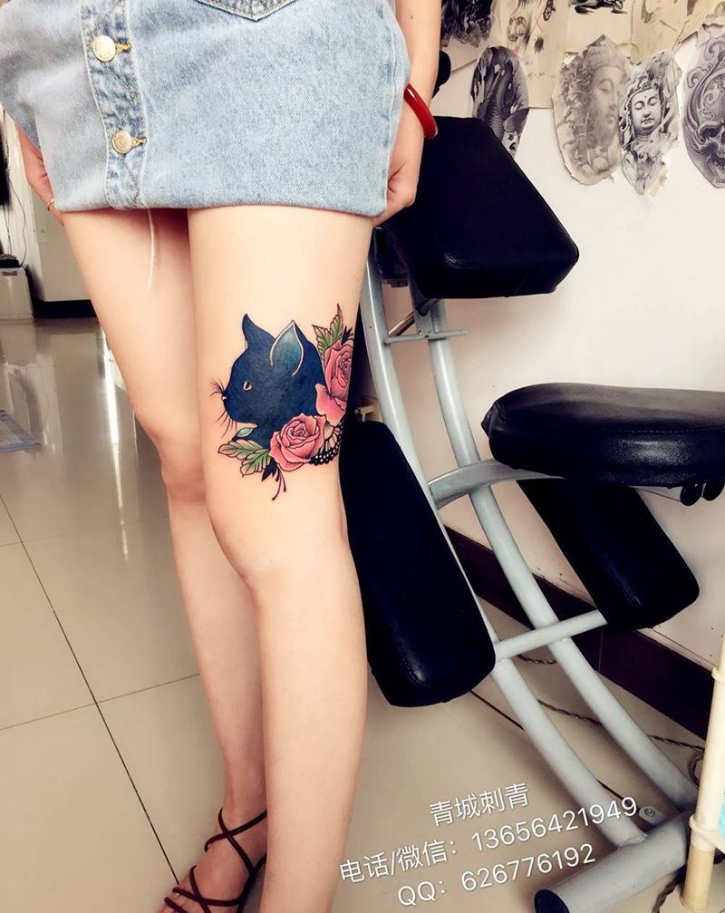 猫咪纹身纹身图片_成品腿部动物原创欧美纹身图案